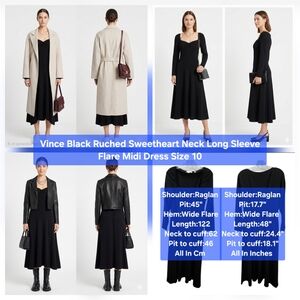 Vince Black Ruched Sweetheart Neck Long Sleeve Flare Midi Dress Size 10